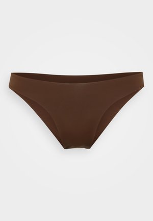 Brown bikini brief with a smooth texture and seamless design. Features a low-rise cut and flexible waistband for comfort and fit.