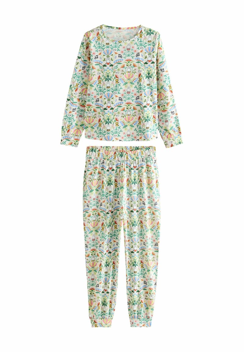 Dlouhý rukáv pyžamový set z lehkého materiálu, s multicolor květinovým a zvířecím vzorem na světlém pozadí, s elastickým pasem.