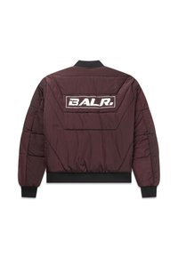 Giacca a vento bordeaux con colletto a costine nero, polsini elasticizzati e un logo bianco "BALR." sul retro, caratterizzata da un motivo trapuntato geometrico.
