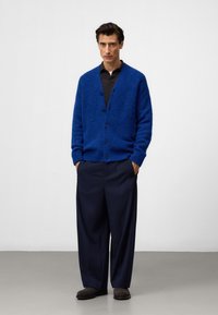 Kardigan z wełny w kolorze królewskiego niebieskiego z dekoltem w serek, z zapięciem na guziki i ściągaczami na rękawach, połączony z ciemnoszarymi spodniami i ciemnymi butami.