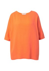 Top a maniche corte di un vivace arancione, realizzato in un tessuto strutturato e stropicciato, con una forma ampia e squadrata e un collo rotondo.