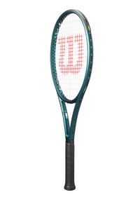 Wilson Blade tennisracket, teal frame, witte snaren, rode "W" logo, zwarte gestructureerde greep, aerodynamisch ontwerp, lichtgewicht constructie.