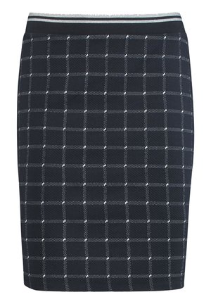 Marineblauwe kokerrok met wit geruit patroon en zilveren elastische tailleband.