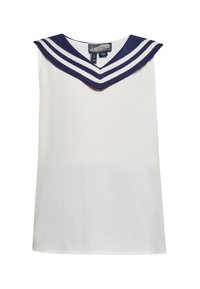 Hvid ærmeløs bluse med en navy blå sømandkrave med hvide striber. Glat stof med en afslappet pasform, ingen synlige lukninger.