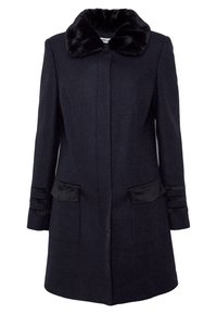 Manteau en laine bleu marine foncé avec col en fausse fourrure noire, manches longues avec poignets rayés et poches à rabat à l'avant.