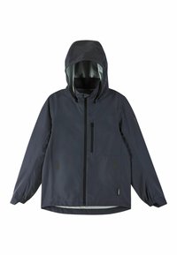 Ciemnoniebieska wodoodporna kurtka z kapturem, przednim zamkiem błyskawicznym, elastycznymi mankietami i jedną kieszenią na piersi. Gładka faktura, minimalistyczny design.