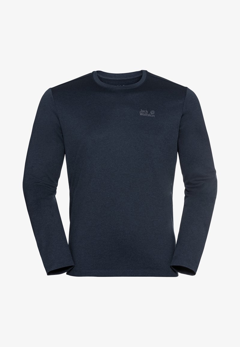 Dark blue long-sleeve crew neck shirt with a small Jack Wolfskin logo on the upper left chest.