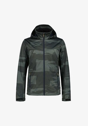 Giacca con cappuccio da uomo, fantasia mimetica verde scuro, con cerniera frontale e tasche laterali con cerniera.