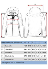 Men's hooded jacket illustration, featuring a front zipper, two side pockets, and a drawstring hood. Measurements provided in centimeters.