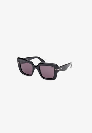 Óculos de sol quadrados pretos com lentes cor-de-rosa. Com um design de armação ousado e detalhes em tom de ouro nas hastes. Feitos de plástico leve.
