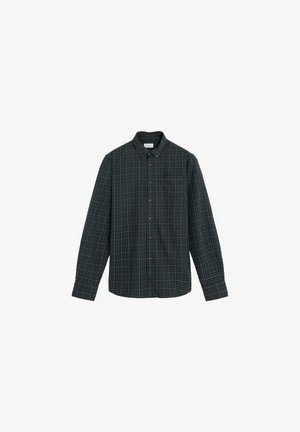 Green and navy plaid button-up shirt with long sleeves, a collar, and a chest pocket. Made of fabric with a smooth texture.