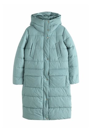 Light blue puffer coat with a hood, featuring a textured fabric, large front pockets, and snap buttons down the center.