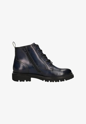 Bottine en cuir noir avec fermeture éclair sur le côté, lacets à l'avant, semelle épaisse et languette à l'arrière pour enfiler facilement.