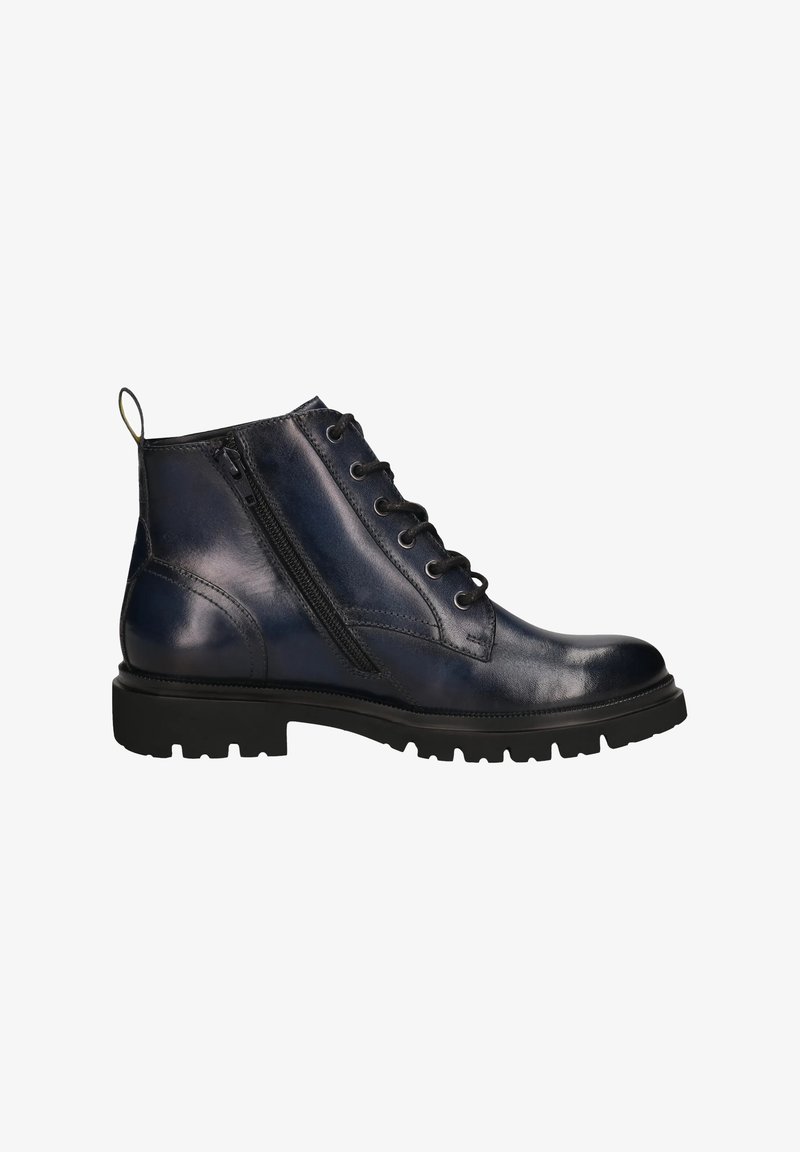 Bottine en cuir noir avec fermeture éclair sur le côté, lacets à l'avant, semelle épaisse et languette à l'arrière pour enfiler facilement.