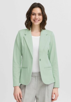 Mint green blazer made of smooth fabric, featuring a classic lapel design, two front pockets, and a single button closure.