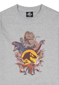 Graues T-Shirt mit einem bunten Grafikdesign verschiedener Dinosaurier, mit detaillierten Illustrationen und einer zentralen gelben Dinosaurier-Silhouette.