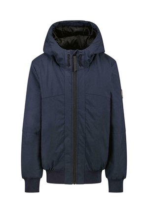 Marineblauwe hoodie met een voorrits, ribgebreide manchetten en twee zijzakken. Gemaakt van een gladde, waterafstotende stof.