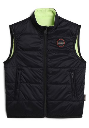 Gilet impermeabile nero con colletto alto e interno verde, dotato di tasche laterali con zip e logo circolare sul petto.
