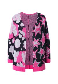 Strickkarte mit Stern- und Blumenmustern in Pink, Grau und Schwarz. Sie verfügt über einen runden Ausschnitt und ein offenes Frontdesign.