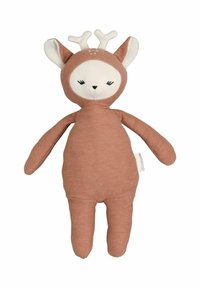 Plyšová hračka s jemným ružovo-ružovým látkovým telom, bielou tvárou a hnedými parožkami. Má vyšívané tvárové črty a dlhé končatiny.