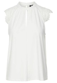 Blusa bianca senza maniche con scollatura a occhiello, dettagli in pizzo testurizzato sulle spalle e tessuto morbido e drappeggiato. Presenta una chiusura con bottone sul retro.