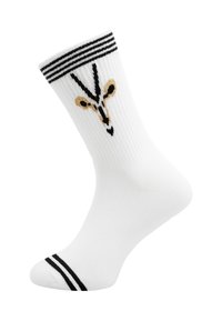 Weißer Crew-Socken mit schwarzen Streifen an Bündchen und Spitze, mit einem stilisierten schwarzen und beigefarbenen Giraffenkopf-Design auf der Wade.