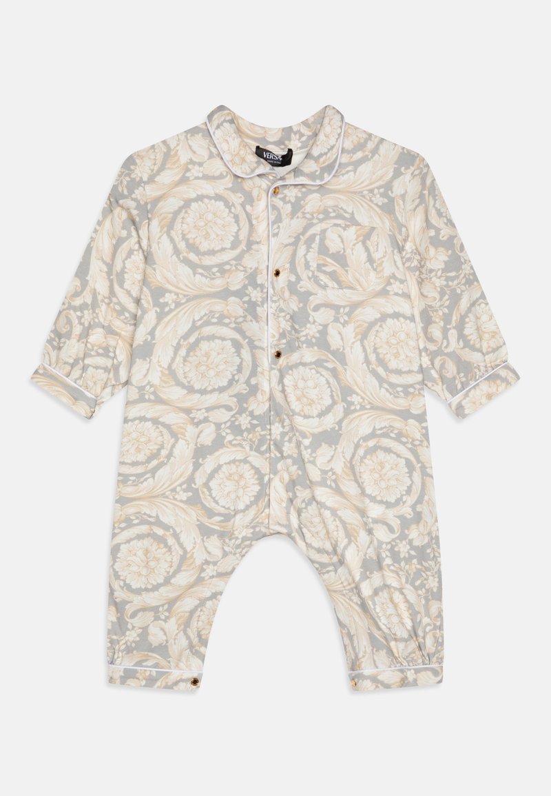 Floral-patterned romper in light grey with white trim. Features a collar, button front, and long sleeves with cuffed ends.