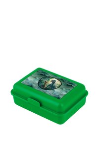 Lunch box verde in plastica con coperchio, decorato con un design a tema dinosauri sulla parte superiore, forma rettangolare e chiusura con gancio.