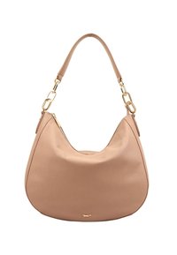 Lichtbeige leren hobo tas met een gebogen vorm, goudkleurige ketting en hardware accenten, voorzien van een ritssluiting en een gestructureerd oppervlak.