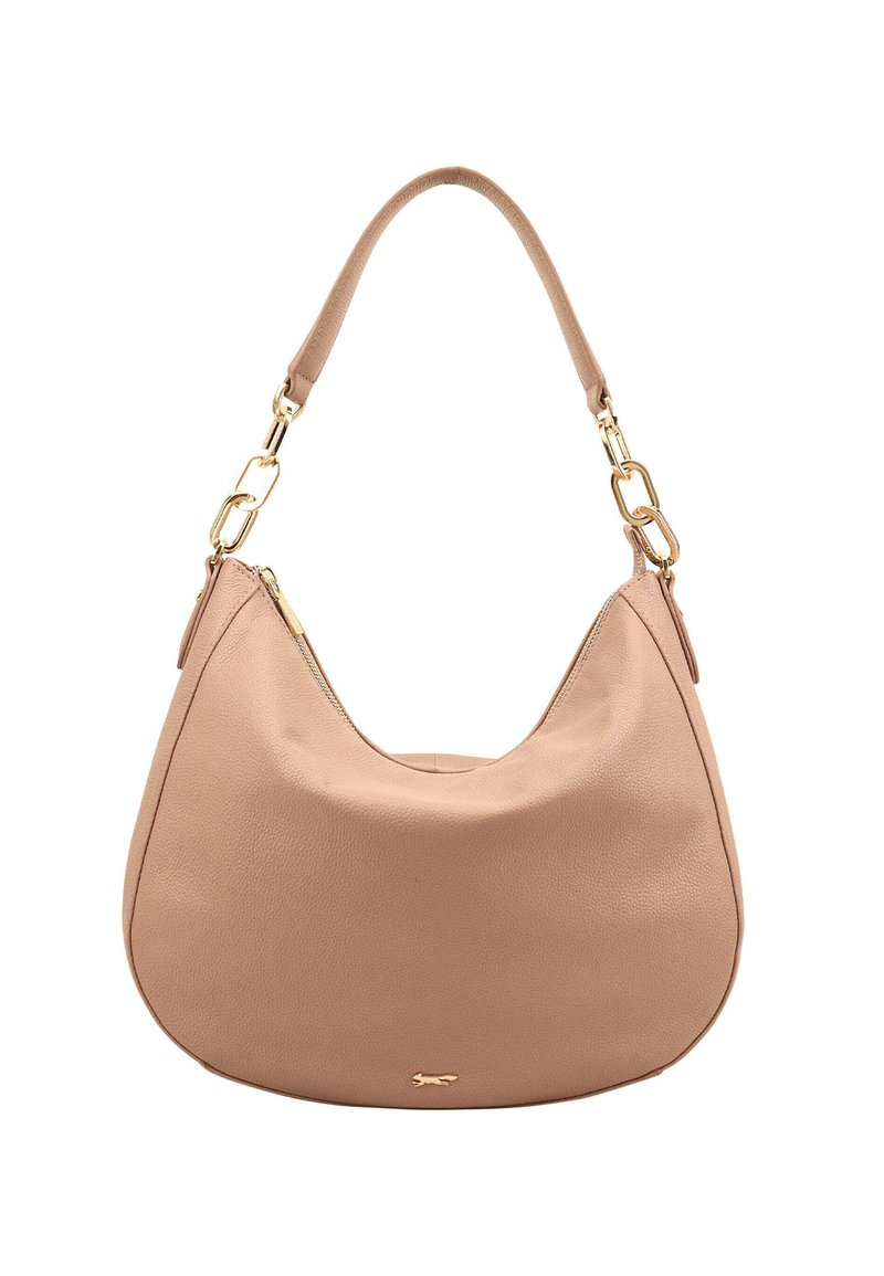 Lichtbeige leren hobo tas met een gebogen vorm, goudkleurige ketting en hardware accenten, voorzien van een ritssluiting en een gestructureerd oppervlak.