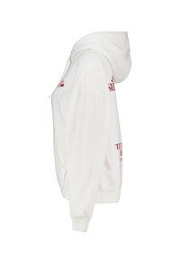 White hoodie featuring a front kangaroo pocket, adjustable drawstring hood, and red printed text on the chest and sleeve. Soft texture.