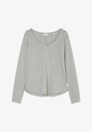 Dlhý rukáv šedé tričko vyrobené z mäkkej bavlnenej zmesi, so širokým kulatým výstrihom a voľným strihom s okrúhlym lemom. Štítok sa nachádza na bočnom šve.