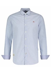 Proužkovaná košile z bavlněné látky v světle modré a bílé barvě, s límečkem na knoflíky, dlouhými rukávy s vyhrnutými manžetami a malou nášivkou s logem.