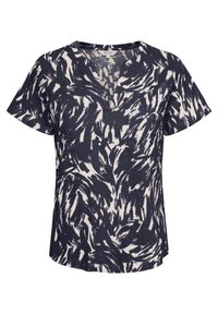 Maglietta a maniche corte con scollo a V in un motivo astratto blu navy e crema, caratterizzata da una vestibilità rilassata e un tessuto morbido e testurizzato.