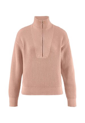 Roze geribbelde gebreide trui met een hoge kraag en een halflange ritssluiting. Heeft een V-vormig ontwerpdetail op de borst en aangesloten mouwen.