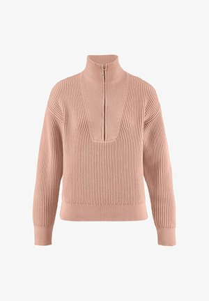 Maglione lavorato a costine rosa con colletto alto e chiusura a mezza zip. Presenta un dettaglio a forma di V sul petto e polsini aderenti.