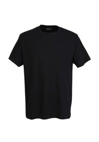 T-shirt in cotone nero con maniche corte, scollatura rotonda e un design semplice e pulito. Il tessuto sembra liscio senza motivi o dettagli visibili.
