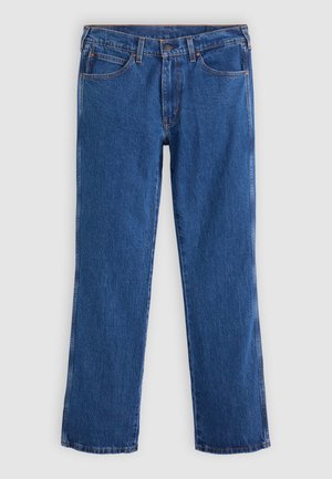 Gemerkt blauwe denim jeans met een rechte snit, vijf zakken, een knoopsluiting en contrasterende stiksels langs de naden.