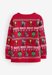 Roter Strickpullover mit Marvel-Superhelden, darunter Iron Man und Hulk, im Pixelkunst-Stil und mit weißen Schneeflockenmustern.