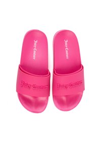 Infradito rosa realizzati in gomma testurizzata, con una ampia fascia sterzata con la scritta "Juicy Couture" in caratteri in grassetto.
