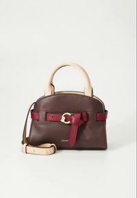 Brown leather handbag with beige accents, circular handles, and a detachable strap. Features a burgundy belt detail with a gold-tone clasp.