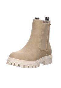 Bottines beiges en cuir lisse avec des panneaux élastiques sur les côtés, une semelle en caoutchouc blanche avec un épais profil, et des languettes pour un enfilage facile.