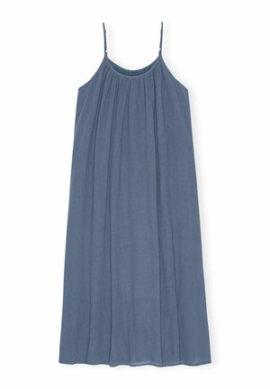 A sleeveless, knee-length dress in a soft blue fabric, featuring a gathered neckline and flowing silhouette. Lightweight and casual design.