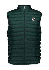 Gilet imbottito verde con collo alto, cerniera frontale, design trapuntato orizzontale e toppa con logo sul petto sinistro. Materiale leggero.