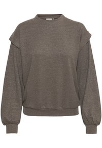 Metaliczny brązowy sweter z okrągłym dekoltem, opadającym krojem ramion i długimi, marszczonymi rękawami. Charakteryzuje się luźnym krojem i prążkowaną fakturą.