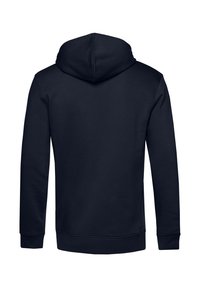 Felpa con cappuccio blu navy, realizzata in un morbido tessuto misto cotone spesso, con polsini e orlo in costina. Presenta un ampio cappuccio, una texture liscia e nessuna grafica visibile.