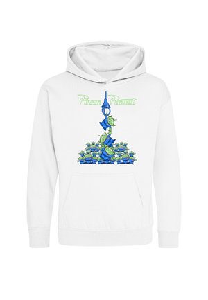 Hvid hættetrøje med grafik af grønne rumvæsener stablet i en klo-maskine under teksten "Pizza Planet" i lysegrøn skrift.