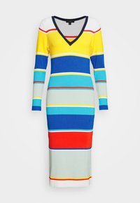 Abito lavorato a maglia con scollatura a V, maniche lunghe e righe orizzontali in giallo, blu, verde, rosso e bianco. Realizzato in tessuto a costine.