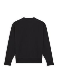 Sudadera negra con cuello redondo, mangas largas, y puños y dobladillo acanalados. Textura de tela suave sin patrones ni logotipos visibles.