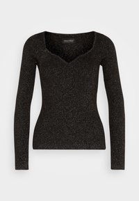 Haut noir à manches longues avec une finition texturée et pailletée, présentant un décolleté en V et un design ajusté pour une silhouette élancée.